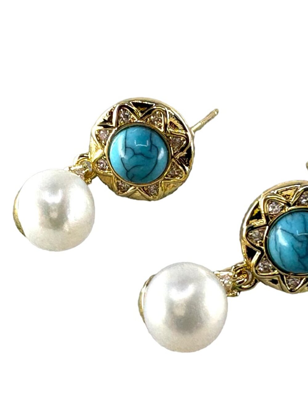 Freshwater White Pearl Turquoise Dangle Drop Earrings 18K-Gold-Plated CZ 2.6g